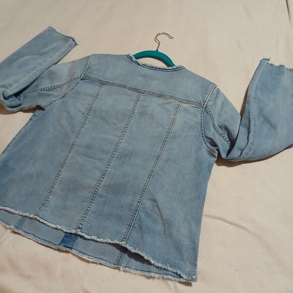 NWOT LOGO stretch denim light wash raw edge hem/sleeve snap front jacket sz 10 - Picture 9 of 15